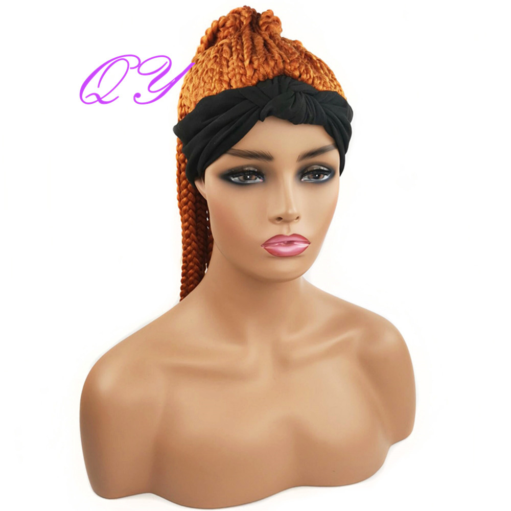 QY Hair HeadBand Wig Box Braided Wig Golden Synthetic Head Wigs for African Women Curly Turban Hair Wigs