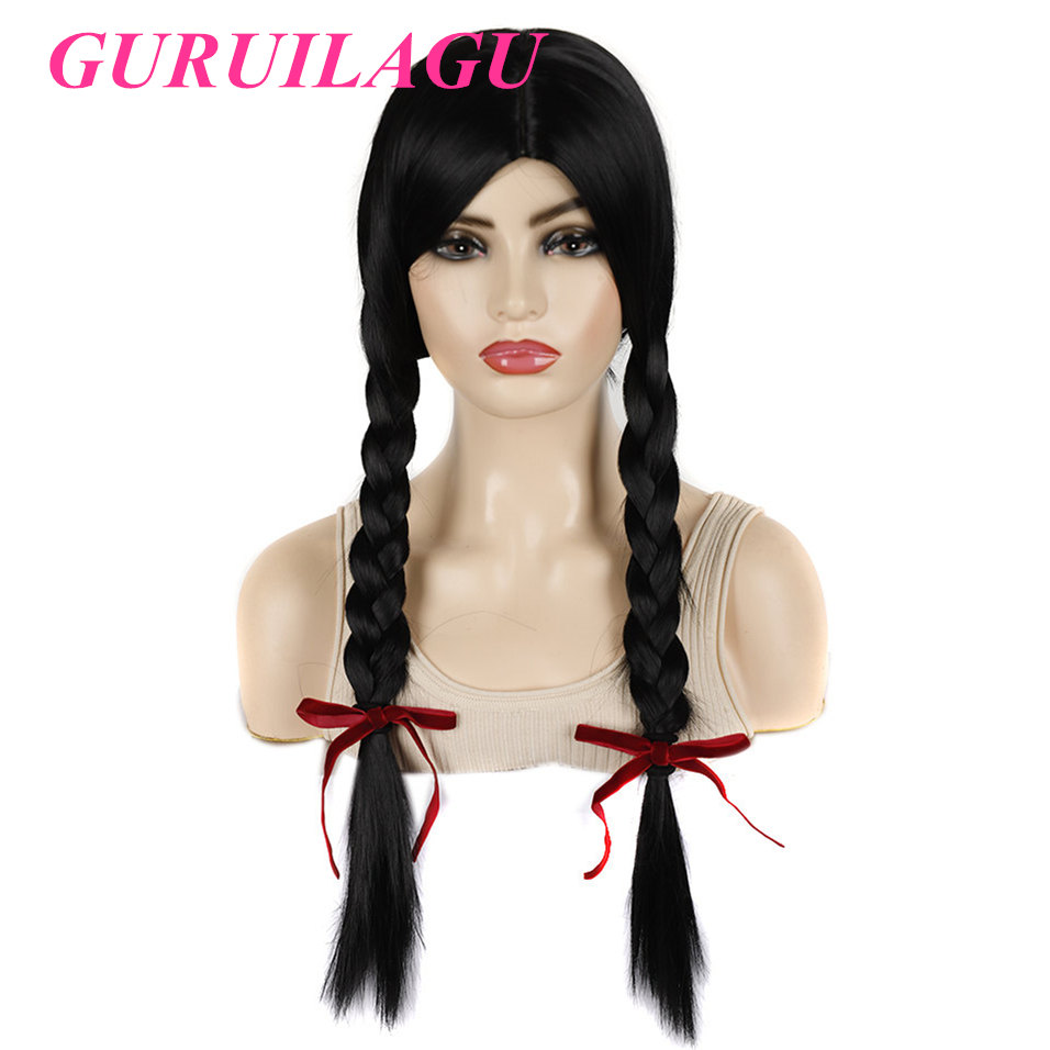 GURUILAGU Braided Wigs For Women Black Color Cosplay Wig 24inch Heat Resistant Fiber Long Wigs Women Middle Part Synthetic Wig