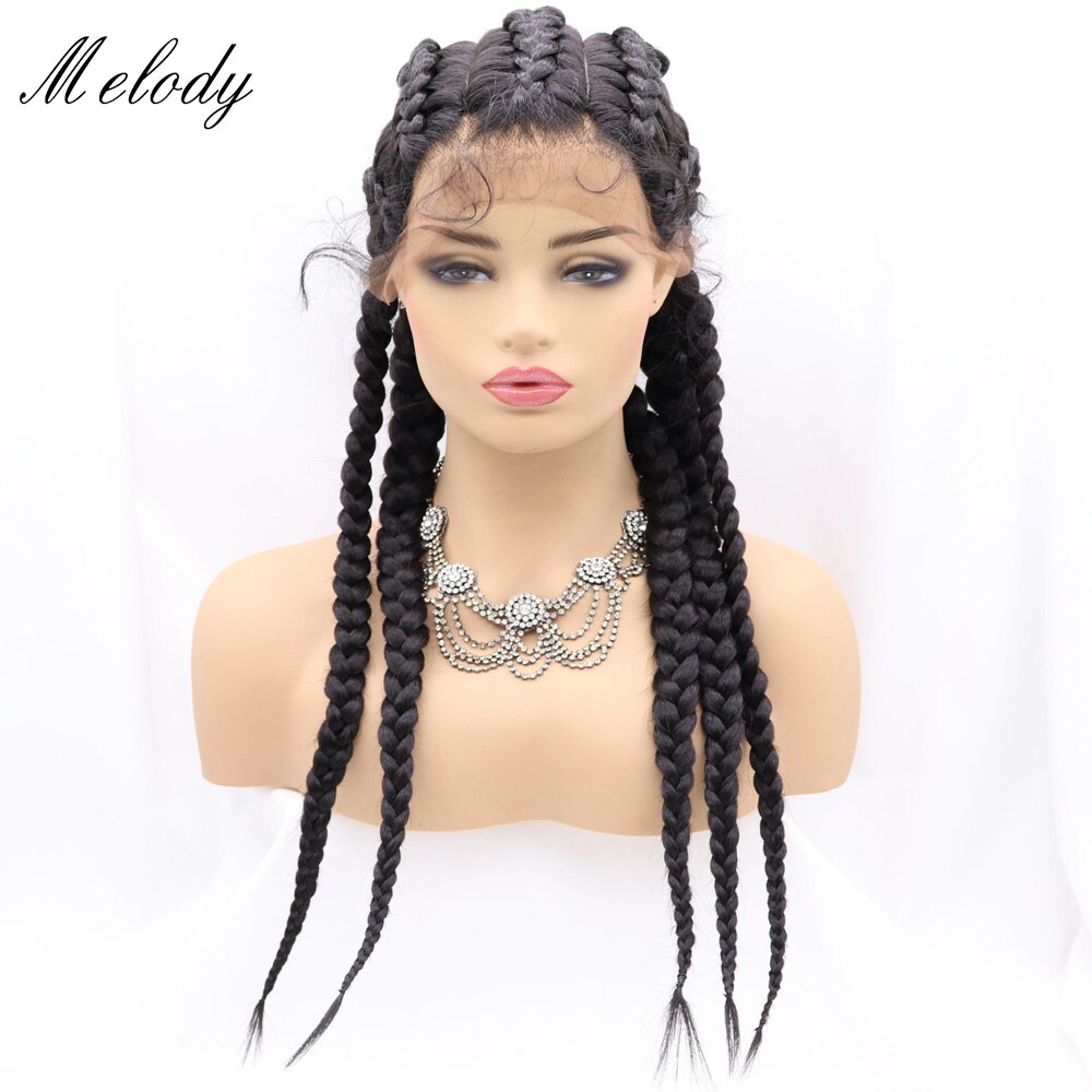 Melody Wigs Black Long Braided Wig 1B Color Hair Highlight Big Braiding Synthetic Lace Front Wig with Five Braids for Women 24