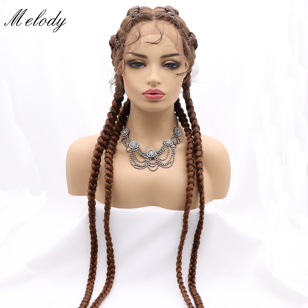 Melody Wigs Long Braided Wig Mixed Blonde Brown Hair Highlight Big Braiding Synthetic Lace Front Wig with Four Braids for Women