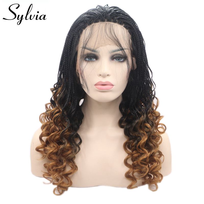 Sylvia heat resistant fiber braided wig natural black ombre blonde Box Braided with baby hair synthetic lace front wig for women