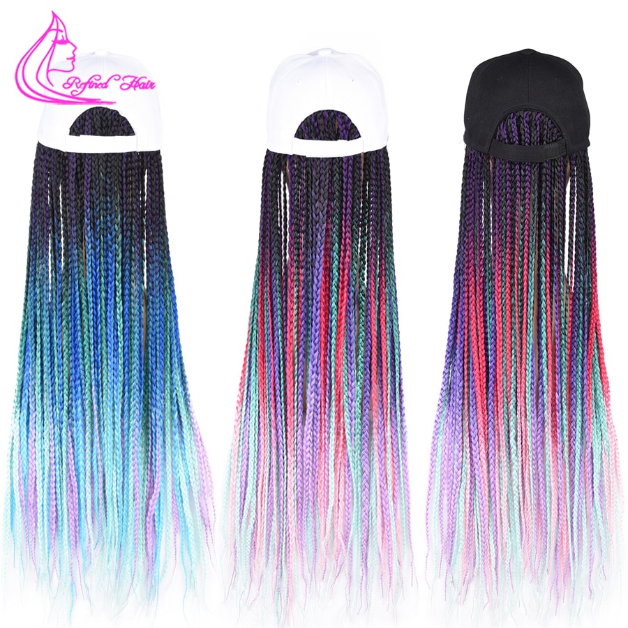 Long Synthetic Baseball Cap Wig with Braided Box Braids Wigs Afro Black Women Daily Wear White Hat Wig Adjustable Ombre rainbow