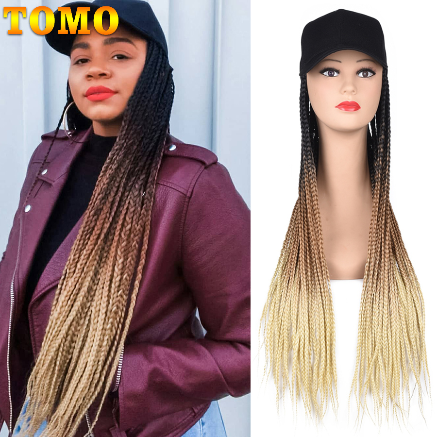3 Tone Braided Box Braids Wigs with Hat For Women Long Synthetic Wig with Baseball Cap 24inch Heat Resistant Hair Cosplay Wig
