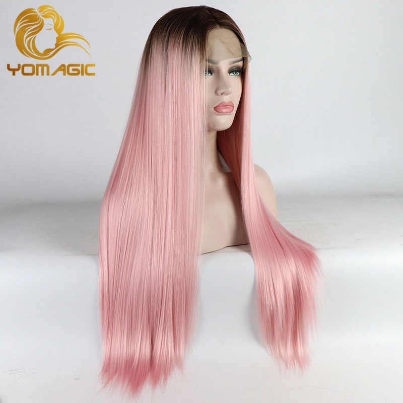 Yomagic Silk Straight Lace Front Wigs for Women Black and Pink Synthetic Hair Lace Wigs with Natural Hairline Cosplay Wigs