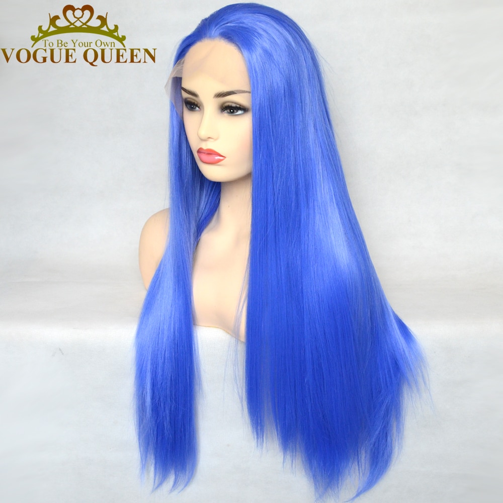 Vogue Queen Sky Blue Synthetic Lace Front Wig Long Straight Heat Resistant Fiber Cosplay Wigs For Women
