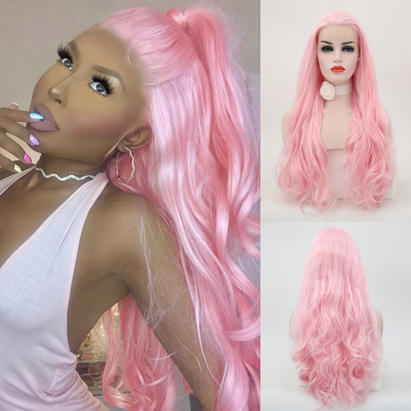 Charisma Synthetic Lace Front Wig Long Body Wave Hair Pink Wig Natural Hairline High Temperature Fiber Cosplay Wigs for Women
