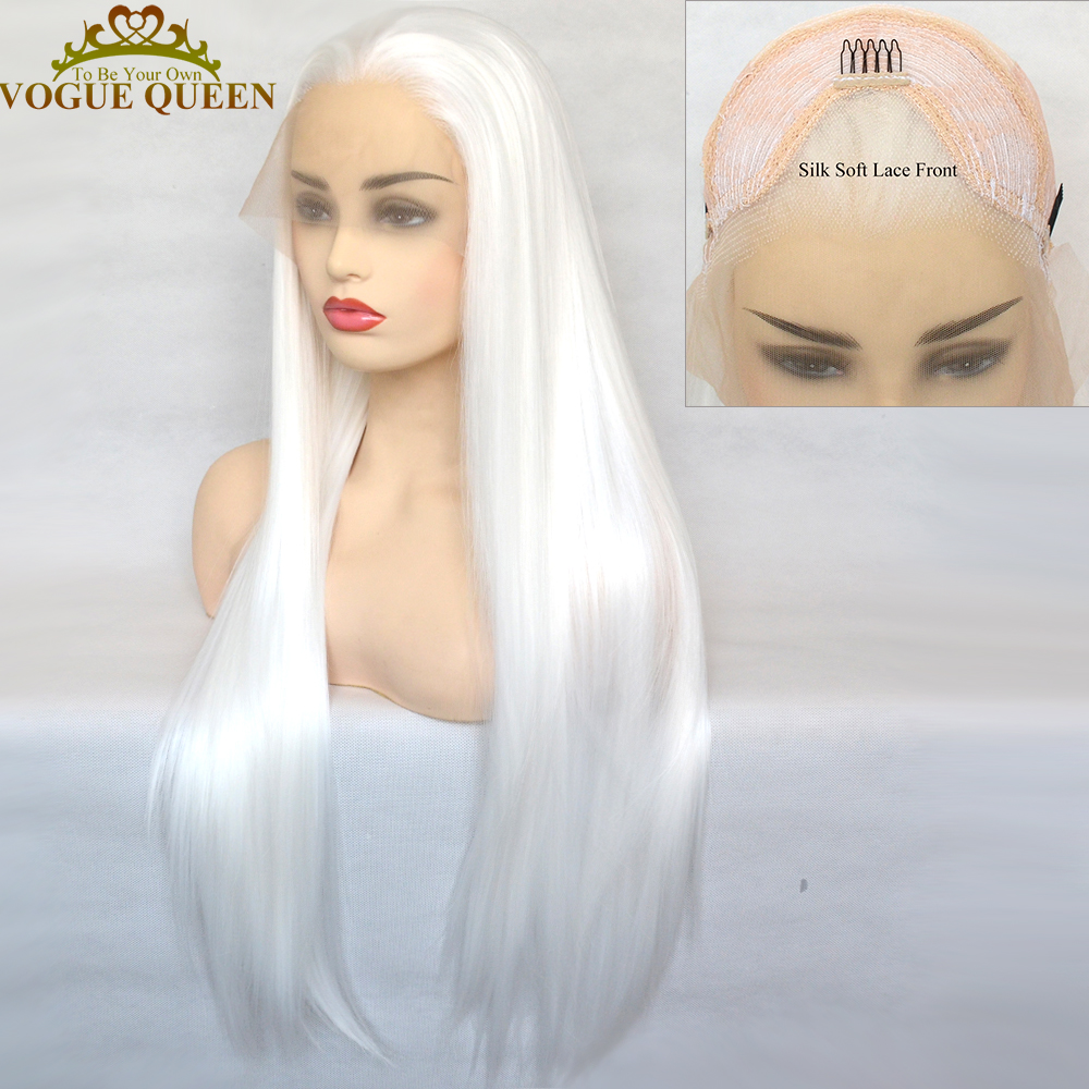 Vogue Queen Platinum White Synthetic Lace Front Wig Long Straight For Women Heat Resistant Fiber Natural Hairline Cosplay Wigs