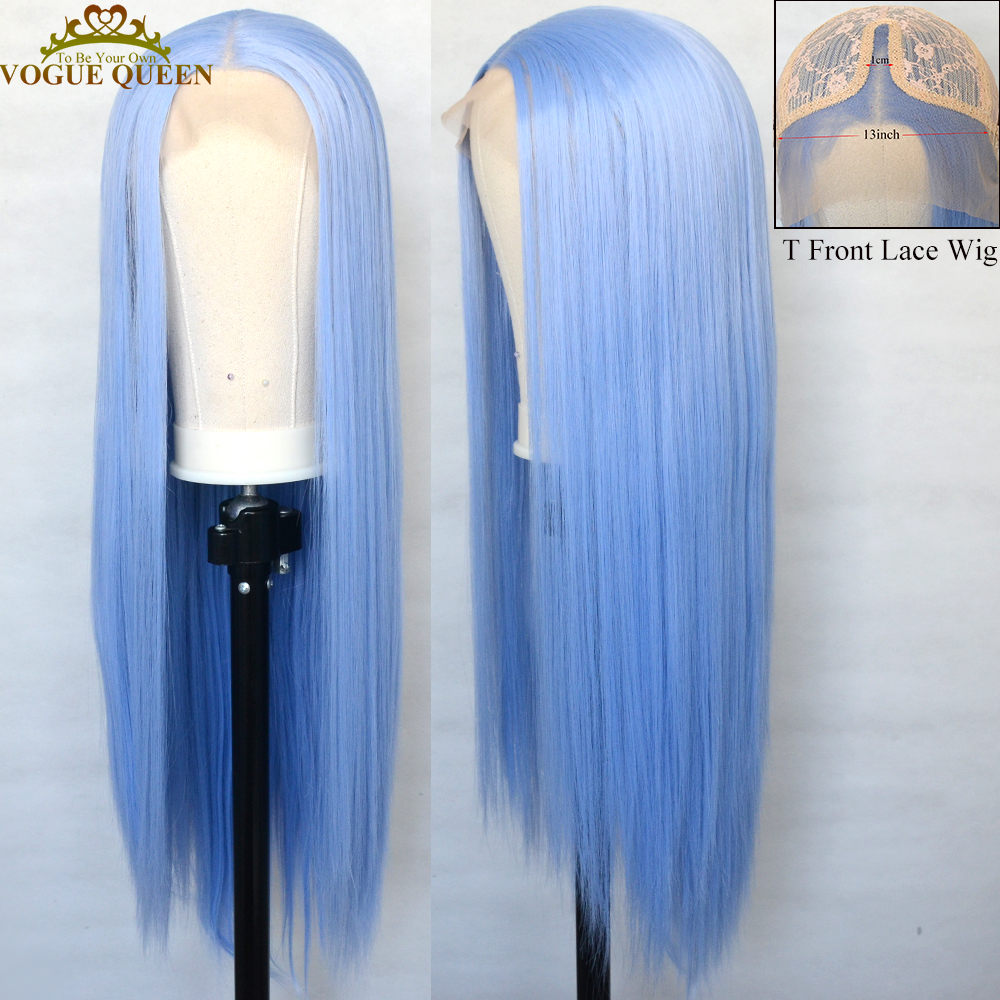 Vogue Queen Light Blue Synthetic T Lace Front Wig Heat Resistant Fiber Silky Straight Cosplay Wig For Women