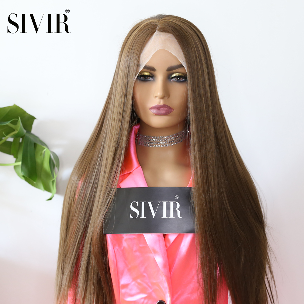 Sivir Medium Brown Color Synthetic Lace Part Wig For Women  Long Straight Hair Wigs With Natural Hairline Middle Part
