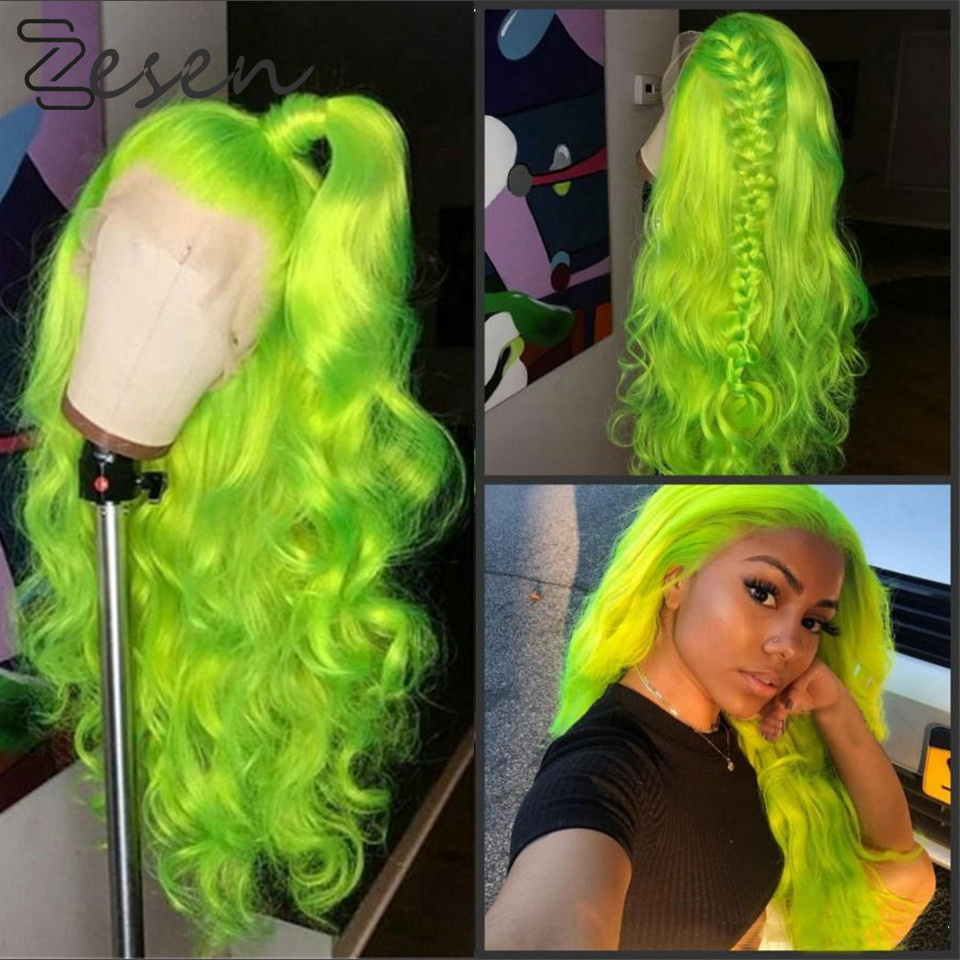 Zesen Light Green Natural Wave 13*4 Inch Synthetic  Lace Front Wig Heat Resistant Fiber With Baby Hair For Women Girl Wig