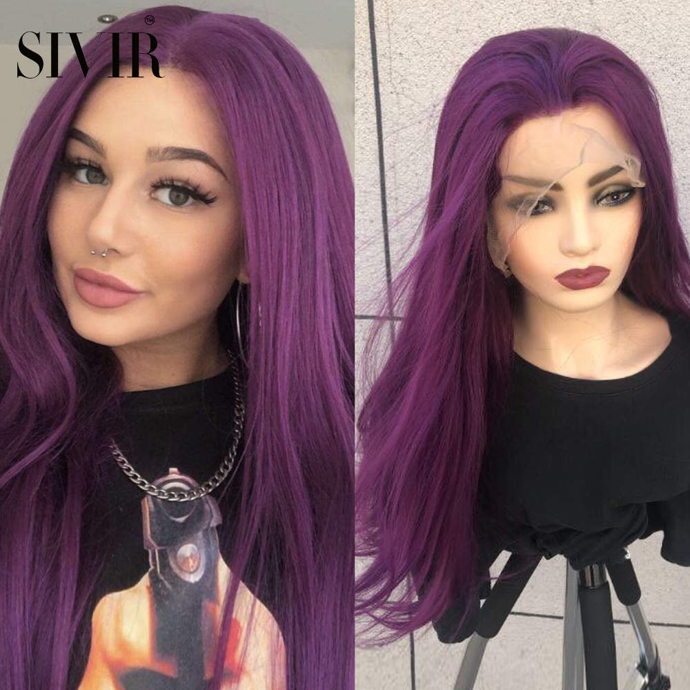 Sivir Synthetic Wigs For Women 24inch Long Straight wig Purple/Red Color  Part Lace wig Party/Daily  Heat Resistant Fiber