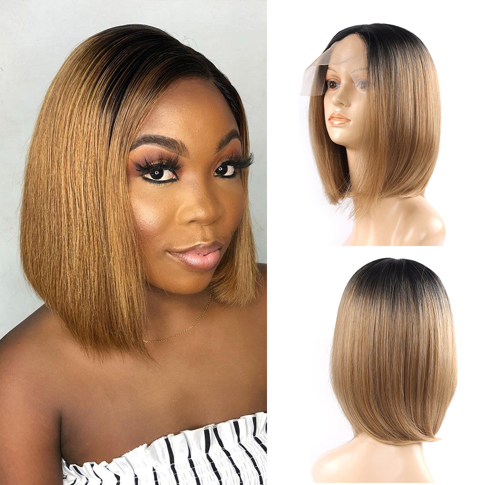 Meepo 14Inch Straight Synthetic Lace T-Part Bob Wig  Short Straight Omber Color Blonde Bob Wigs For Women