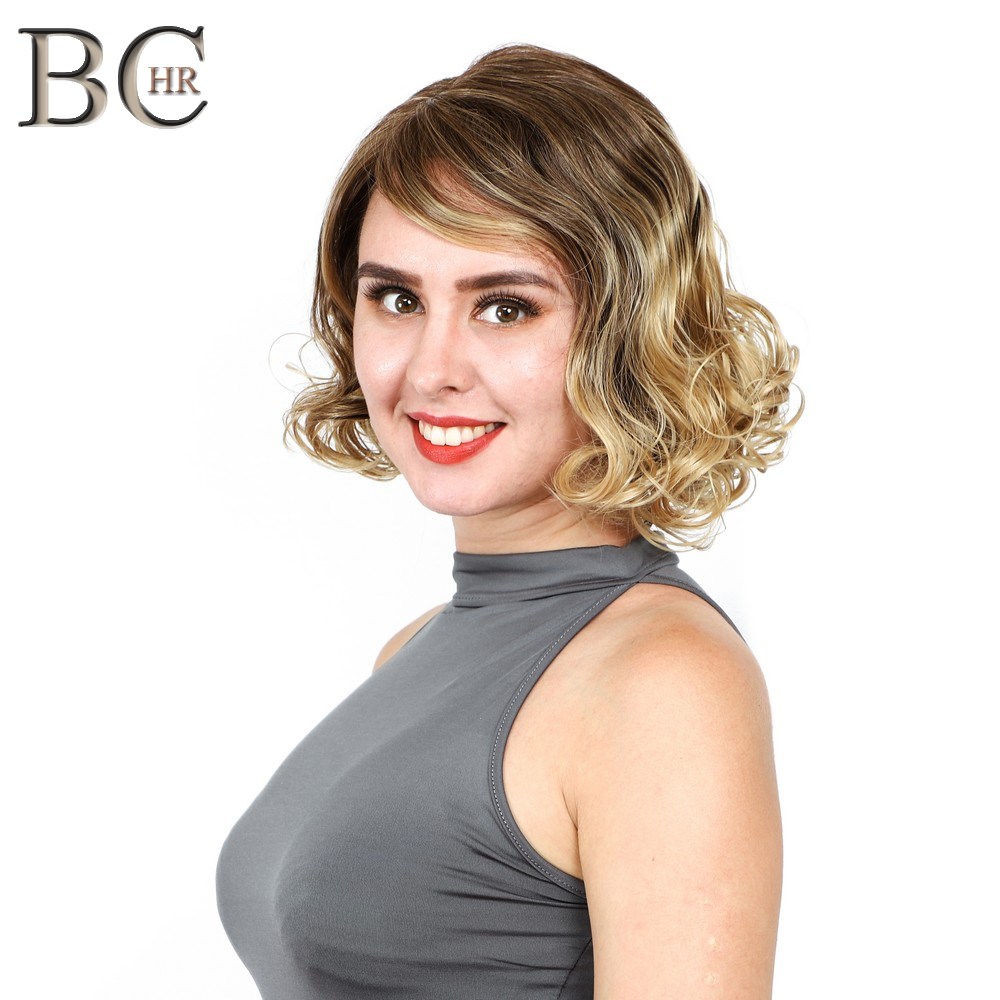 BCHR Short Curly 13*4 Synthetic Lace Front Wigs Ombre Wig for Women Brown to Blonde Wig for Party
