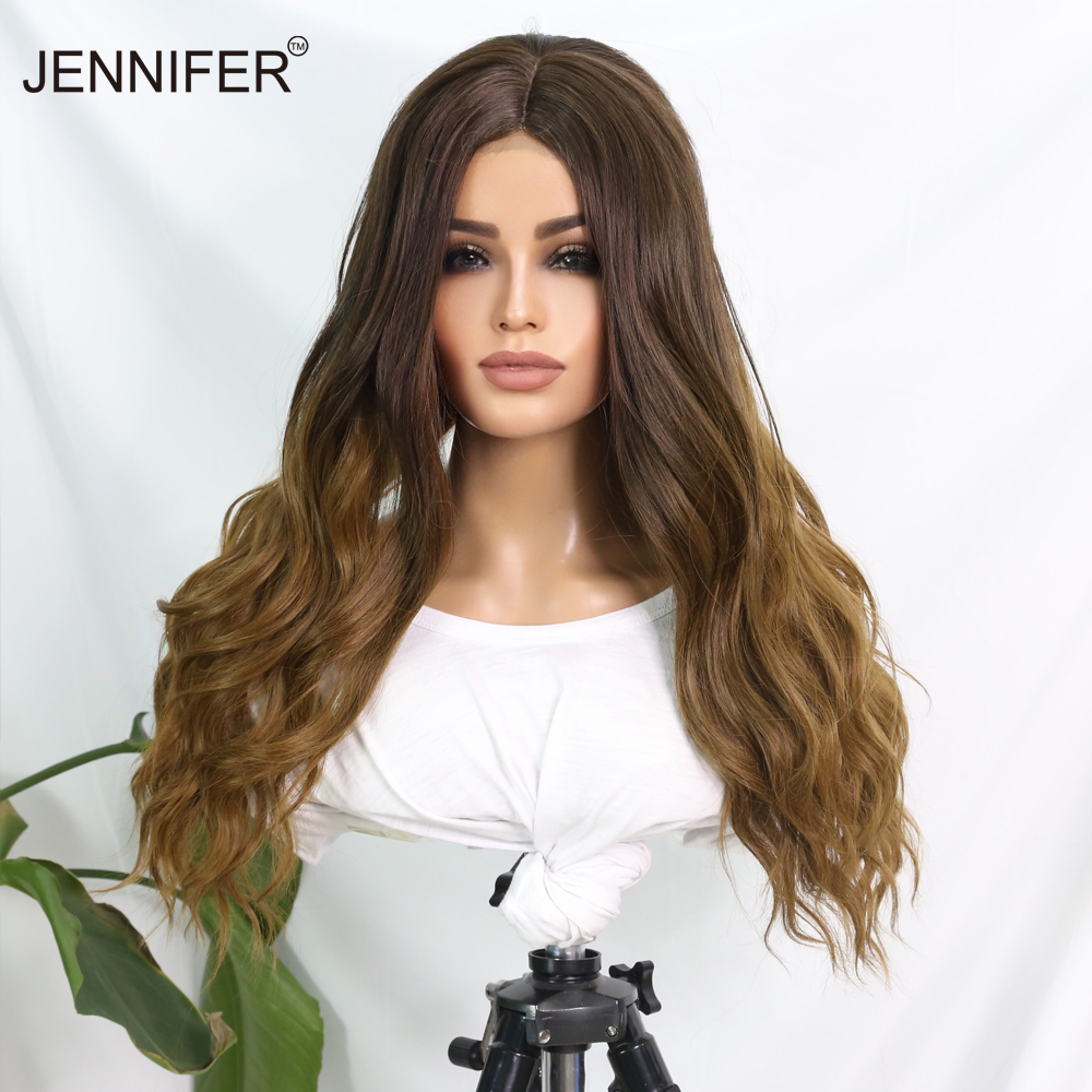 Middle Part Lace Synthetic Wigs With  For Women Long Wavy Natural Hair Temperature  Ombre Brown Glueless Cosplay Fake Hair Wigs