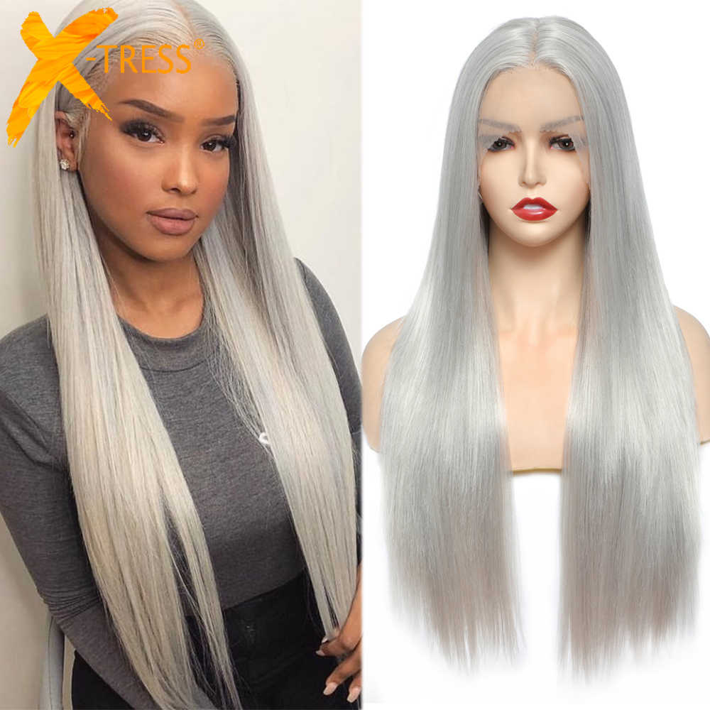 Grey Color Synthetic Lace Front Wig Long 26