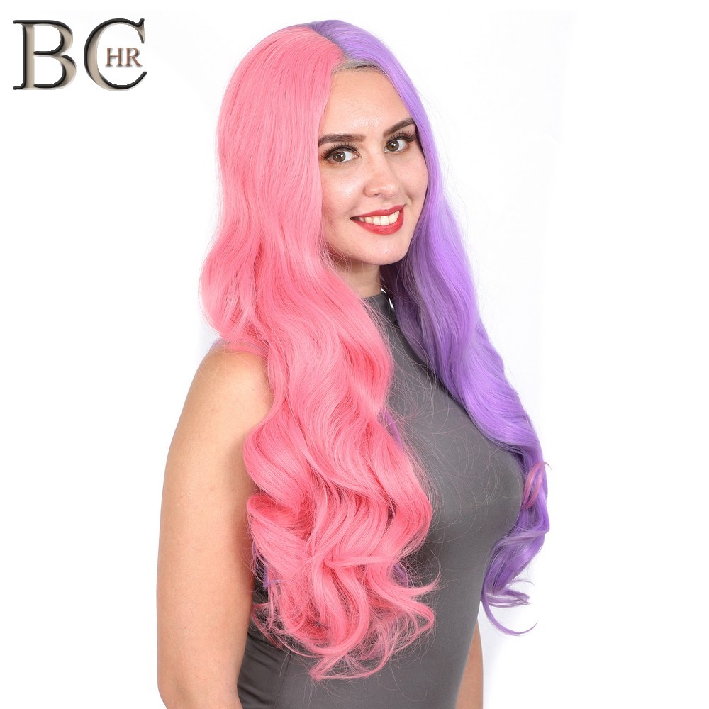 BCHR Harajuku WIG Pink Purple 13*4 Lace Front Wig for Women Long Wavy Synthetic Wig  Lace Cosplay Party Hair