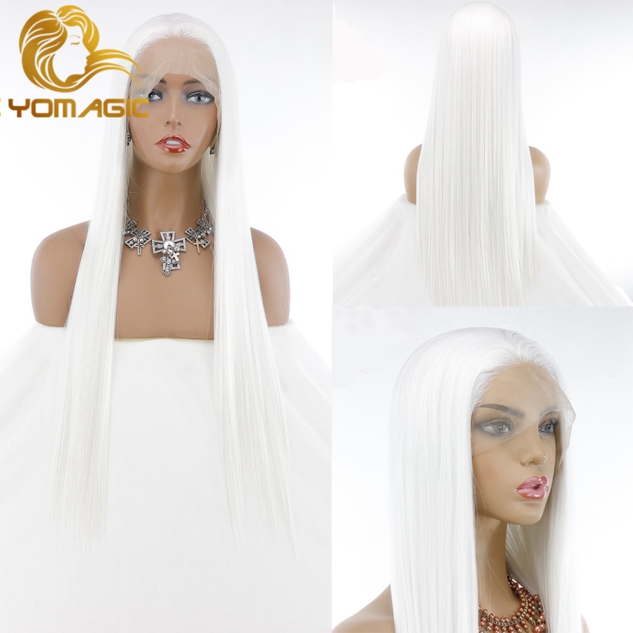 Yomagic Long Straight Synthetic Hair Lace Front Wigs for Women Natural Hairline White Color Synthetic Glueless Lace Wigs
