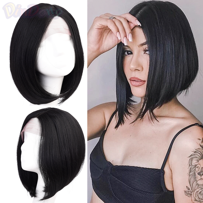 DinDong Synthetic Lace Front Wig Bob Short Straight Hair Black Side Part Wigs Heat Resistant Ombre Bob Wig For Women