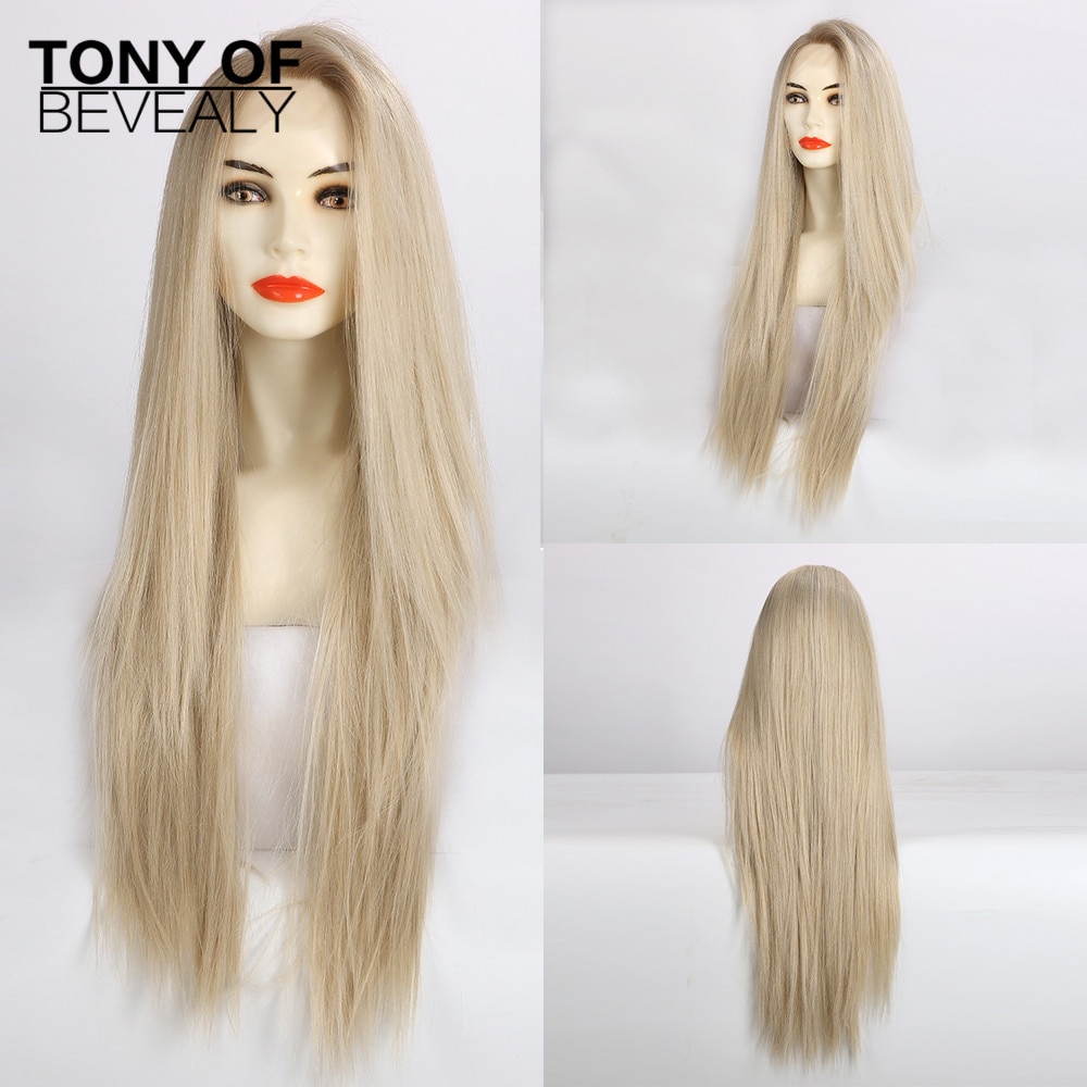 Long Blonde Straight Lace Front Synthetic Wigs High Density Layered Lace Wigs for Women Cosplay Wigs Heat Resistant Fiber Wigs