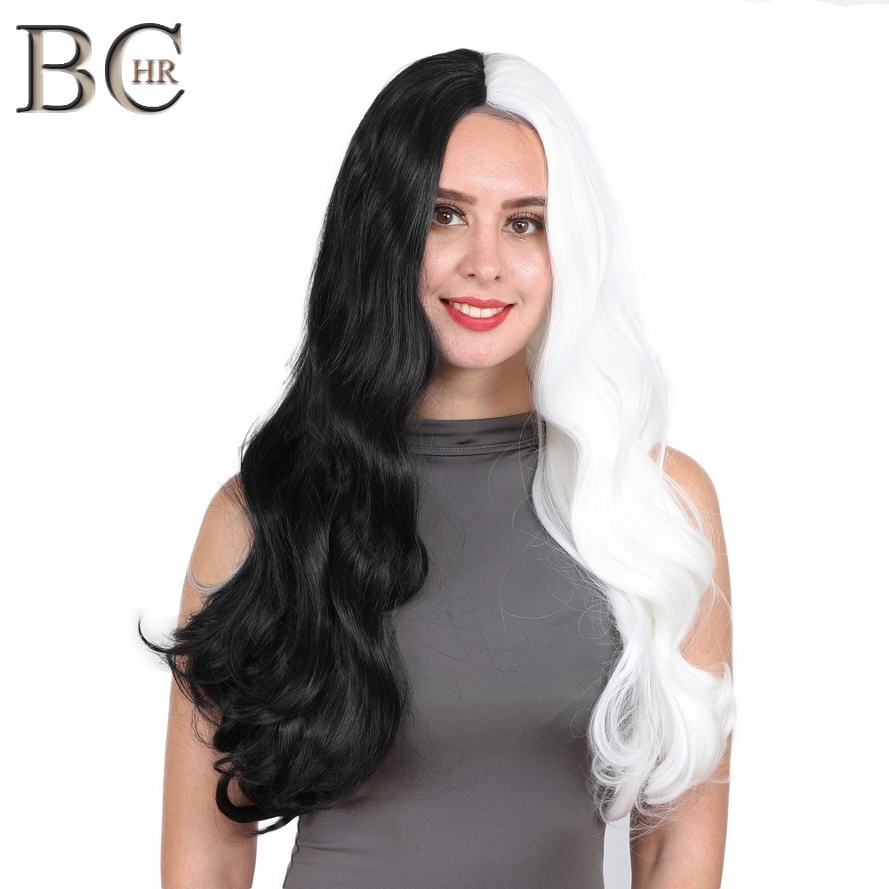 BCHR White Black Harajuku 13*4 Lace Front Wig for Women Long Wavy Synthetic Wig Heat Resistant Fiber Lace Cosplay Wig