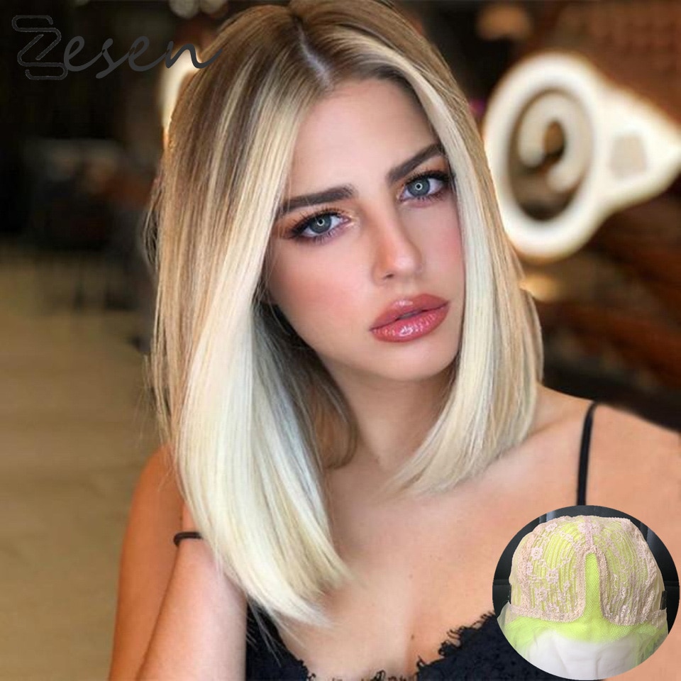 Zesen Ombre Synthetic Short Bob Highlight Light Ash Blonde T Middle Part Lace Front Wigs For Women Heat Resistant Daily Wear