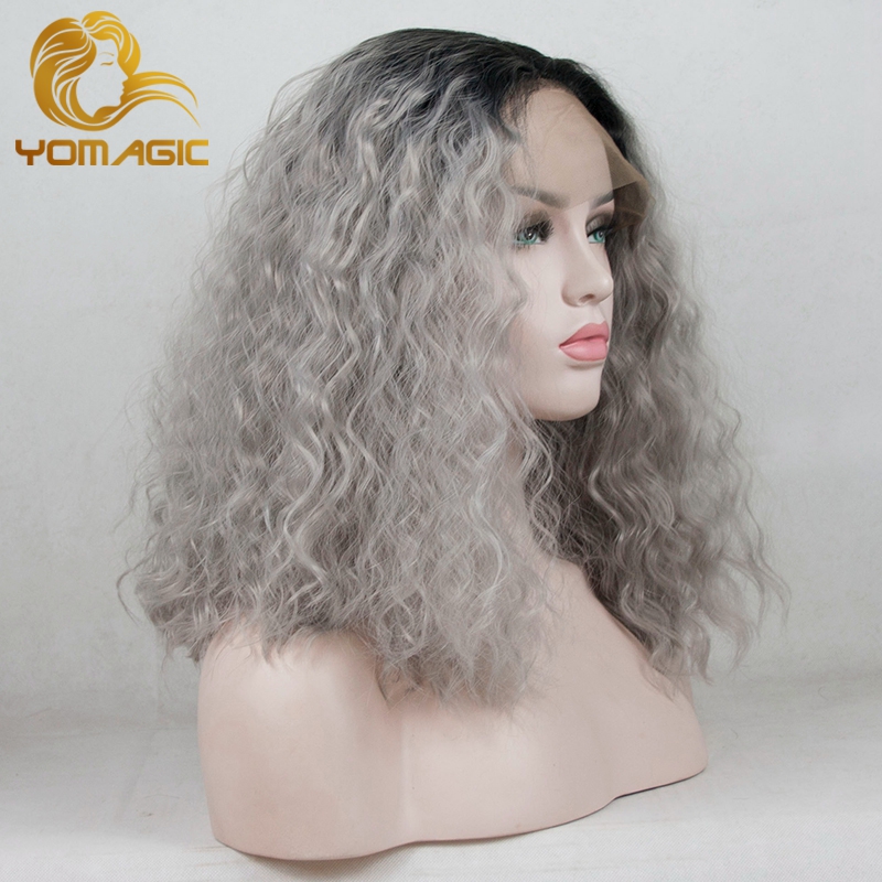 Yomagic Ombre Grey Color Synthetic Hair Lace Front Wigs for Women Short Bob Deep Wave Glueless Lace Wigs with Baby Hair