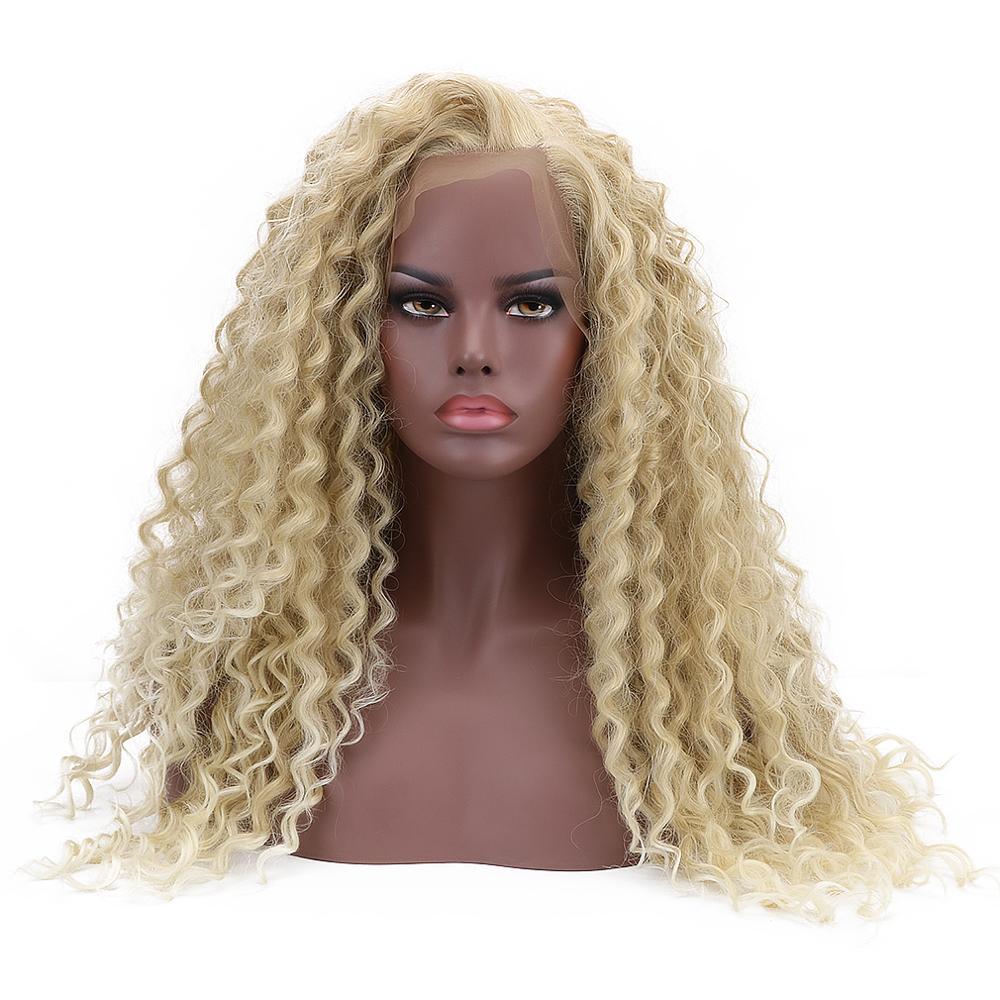 24'' Long Curly Synthetic 15*4.5 Swiss Lace Front Wig Deep Blond Bohemian Natural Part Glueless Afro Wigs for Black Women