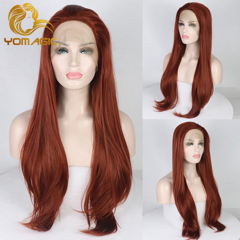 Yomagic Natural Straight Synthetic Lace Front Wigs for Women Party Heat Resistant Fiber Red Brown Color Hair Glueless Lace Wig