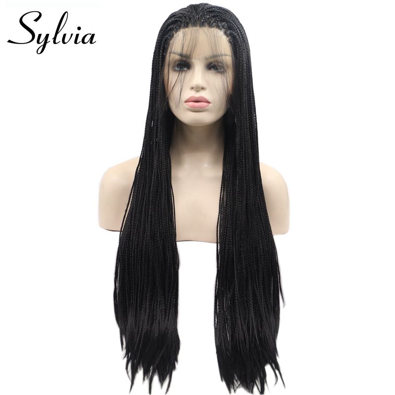 Sylvia Long Black Braided Wigs With Baby Hair #1B Micro Braids Synthetic Lace Front Wig For Women Heat Resistant Fiber Hair Wig
