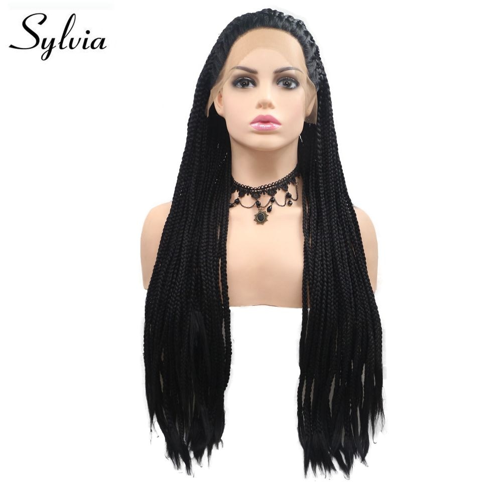 Sylvia Long Braided Wig Black Hair Braided Box Braids Wig For Women #1B Synthetic Lace Front Wig Natural Hairline Heat Resistant