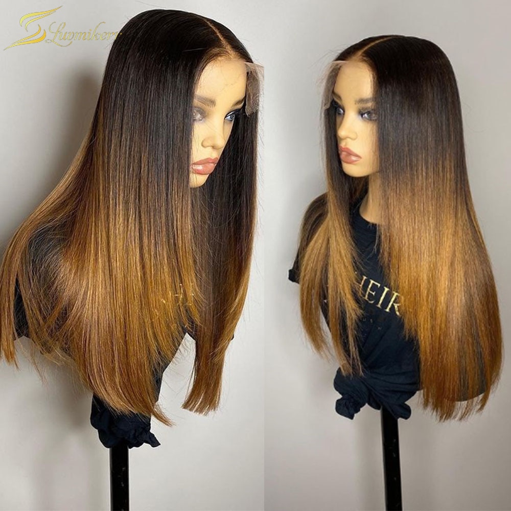 Long Straight Ombre 1b 27 Honey Blonde Colored Human Hair Wig HD Transparent 13x6 Lace Front Wigs For Black Women Full Frontal