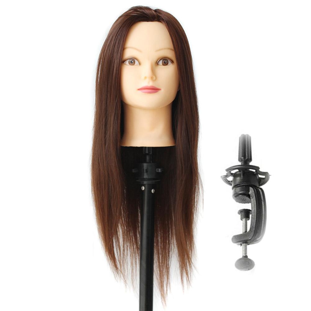 CAMMITEVER 20 inch Brown Hair Salon Heads Mannequin Long Hair Training Silicone Head Practice Doll Stand Pole Hairstyling