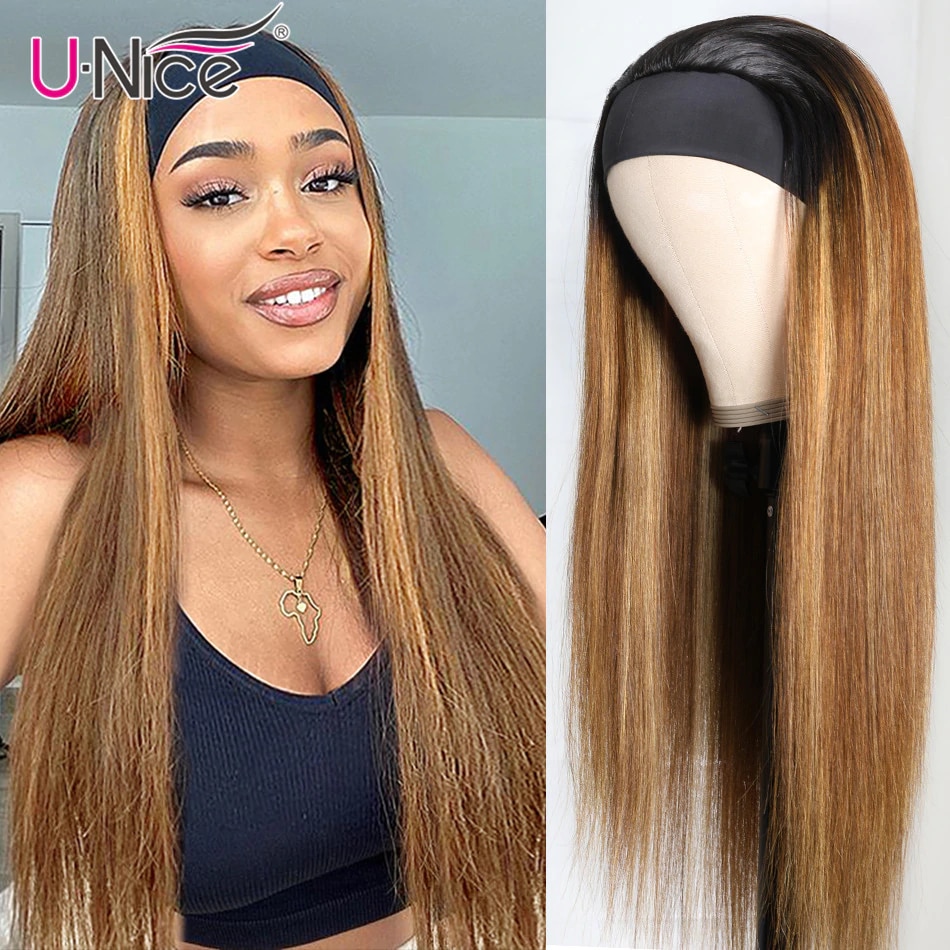 Unice Hair Bone Straight Hair Highlight Headband Wig Human Hair Blonde Brown Straight Human Hair for African American Women