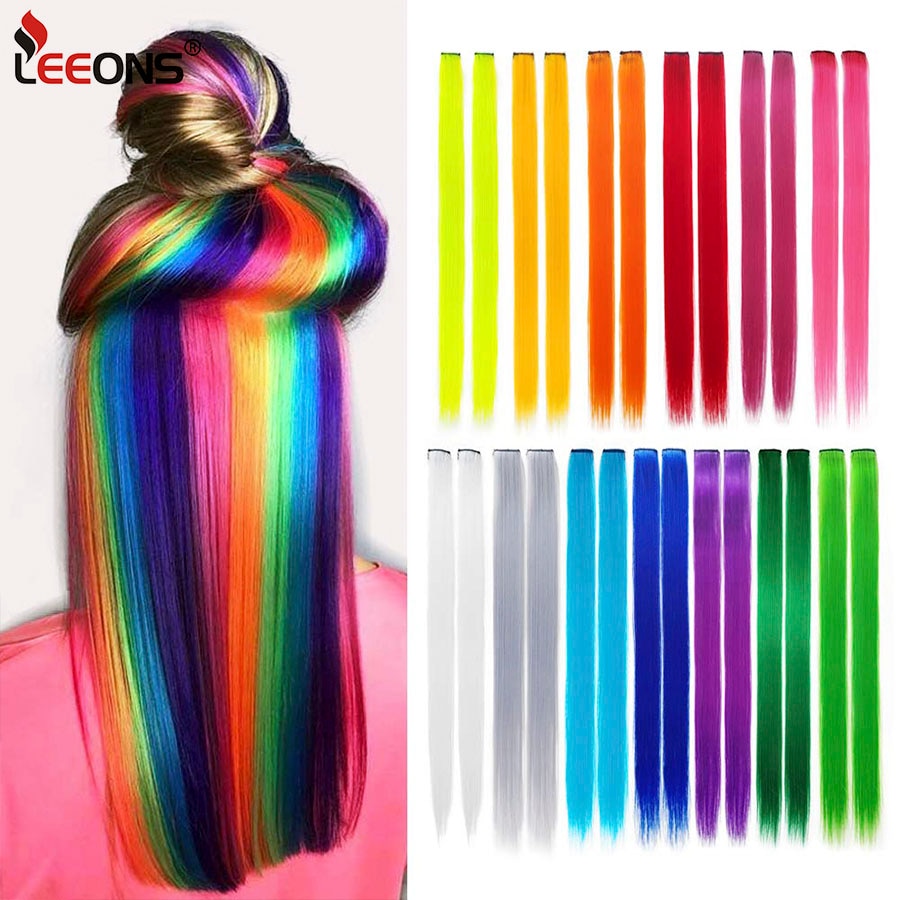 Leeons Clip In One Pieces Raiinbow Hair Extensions  Straight Synthetic Hair Pieces 18 Inch Long  Ombre Hair Pink Purple Red Blue
