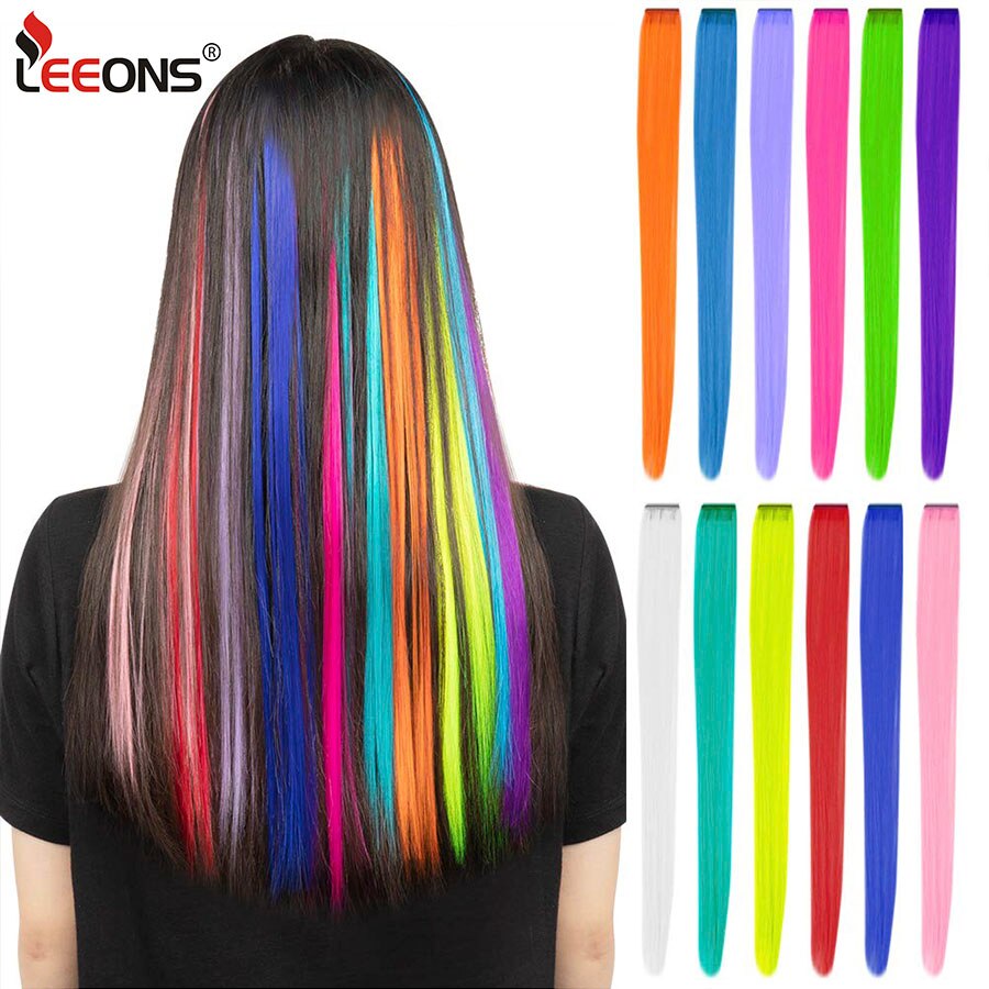 Leeons Colored Highlight Synthetic Hair Extensions Clip In One Piece Long Straight Hairpiece For Women Blue Brown 2 Tone Hair