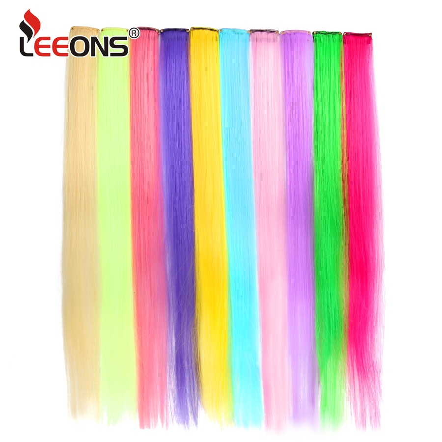 Leeons Clip In One Pieces Hair Extensions Straight Ombre Purple Blue Pink Extension Hair Women Synthetic False Fake Hair