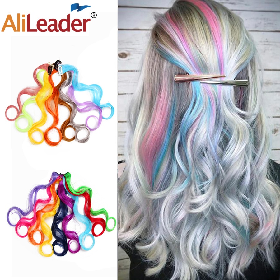 Alileader Wavy Synthetic One Clip In Hair Rainbow Color Curly Clip In One Piece Hair Extensions More Durable Long Curly Hairs