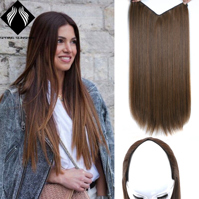 long silky straight hair extension synthetic 4 clips in one piece extension hair women Fake Hair half Wig Black Brown