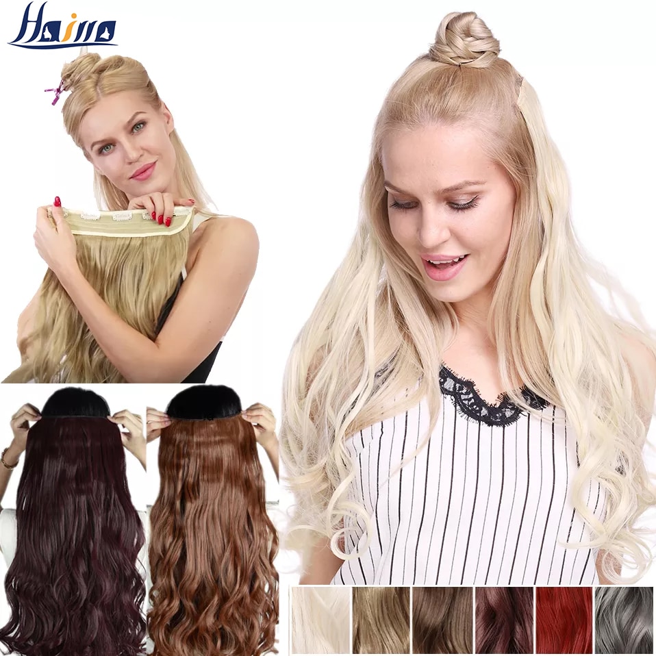 HAIRRO 23inch Long Wavy Clip In Hair Extension Synthetic 5 Clips In One Piece Hair Black Brown Ombre False Hairpiece For Women
