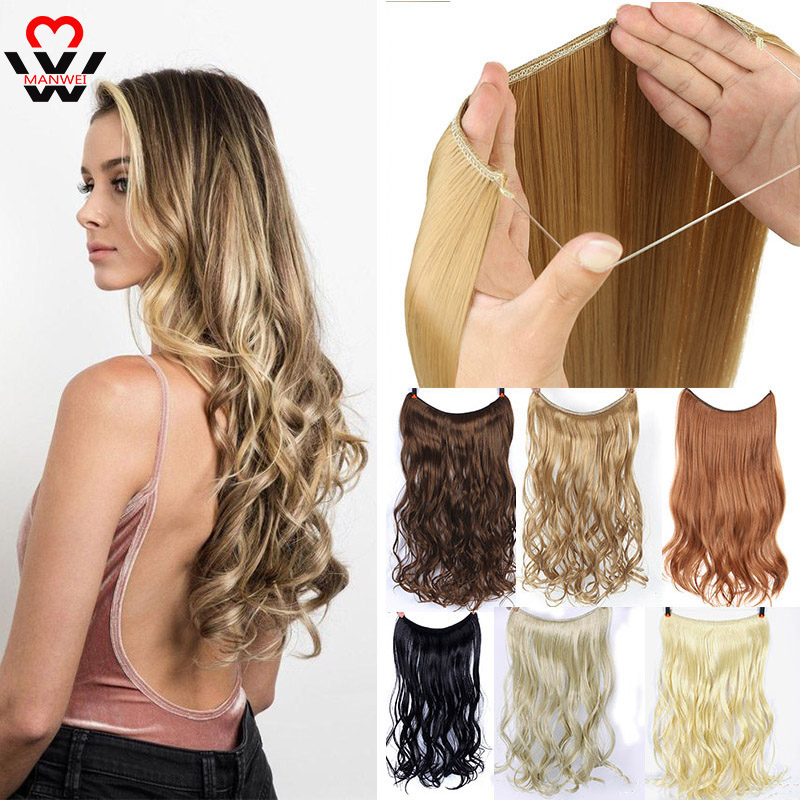MANWEI Clip on Wire Fish Line Hair Extensions Secret Invisible Wire One Piece for Ombre Hair Synthetic Hairpiece
