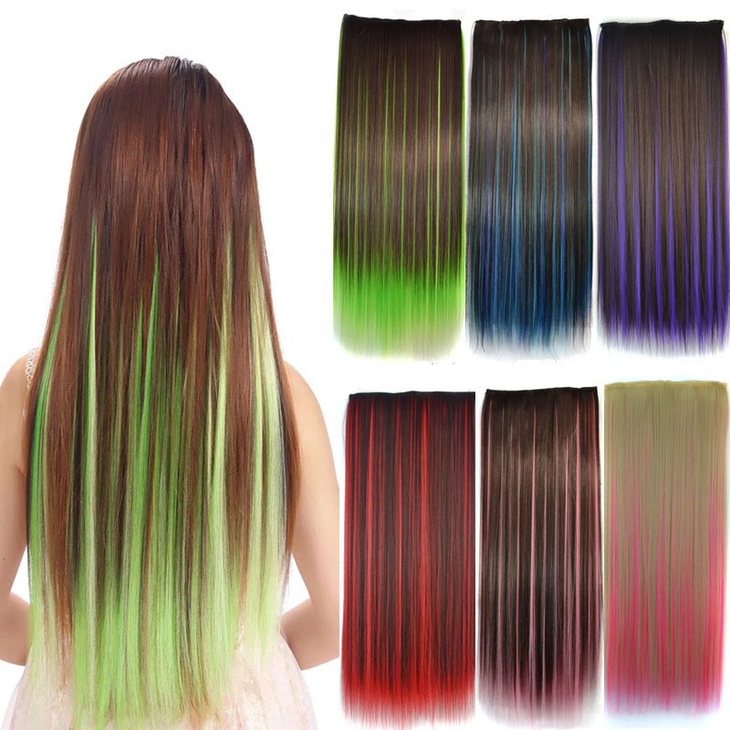 Jeedou Straight Synthetic Hair 5Clips Clip in One Piece Hair Extension Blue Brown Green Pink Highlighted Piano Color
