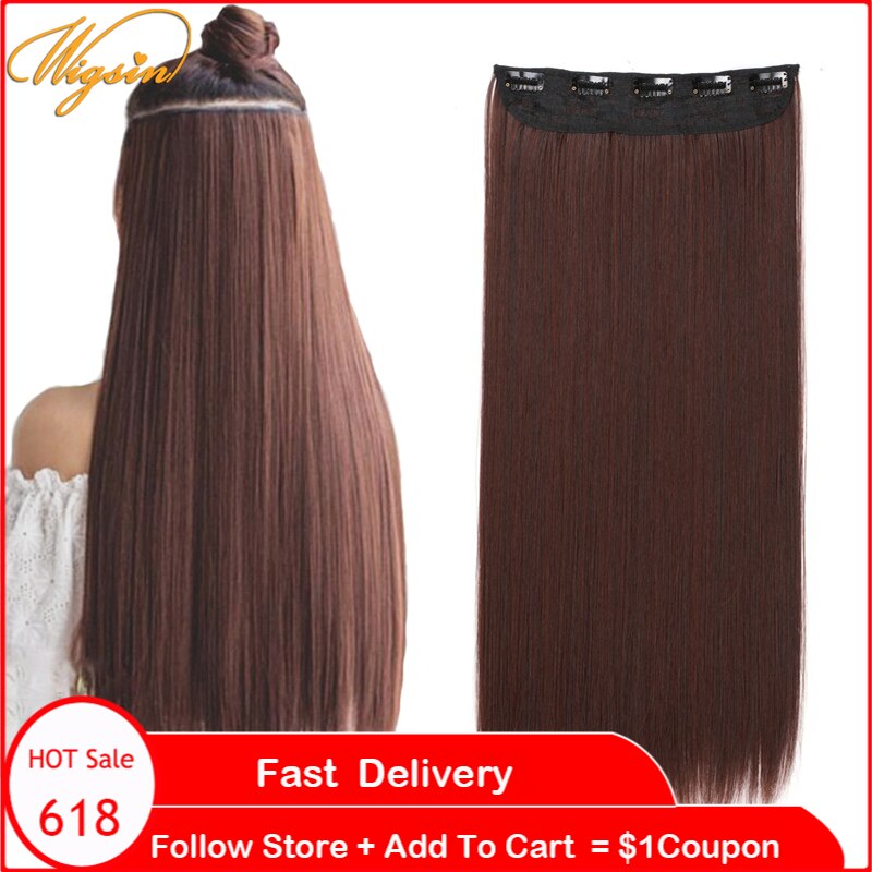 WIGSIN 24Inch Synthetic 5Clips in One Piece Synthetic Hair Extension Naturally Invisible Long Straight Hairpiece for Women