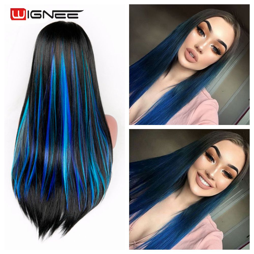 Wignee in one piece synthetic hair extension Heat Resistant Synthetic Fiber Mixed Colorful Grey/Blue For Africa American Wigs