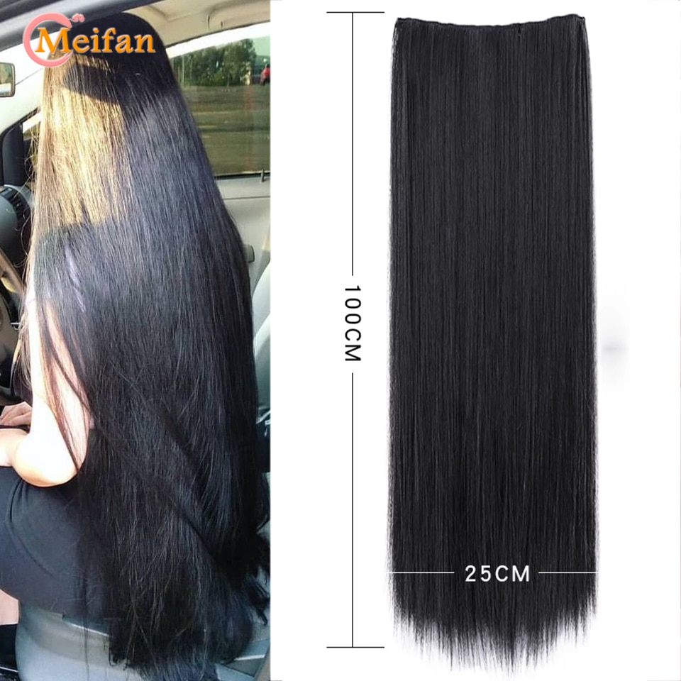 MEIFAN Synthetic Long Straight/Curly Clip in One Piece Synthetic Hair  Extension Hairpiece for Women 5-Clips Natural False Hair