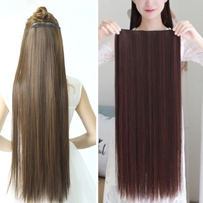 Allaosify 50-100cm Long Clip in One Piece Synthetic Hair Extension with 5 Clips Black Brown Hair for Women's Long Wigs