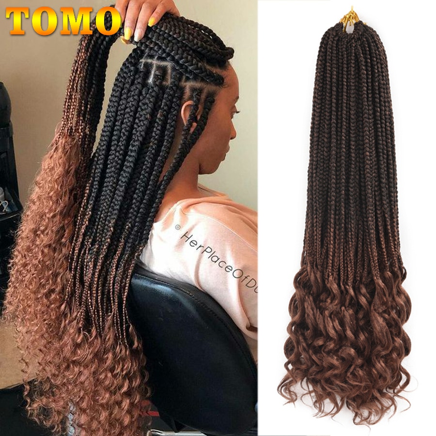 TOMO Crochet Hair Box Braids Curly Ends 14 18 24 Inch Ombre Synthetic Hair for Braid 22 Strands Braiding Hair Extensions