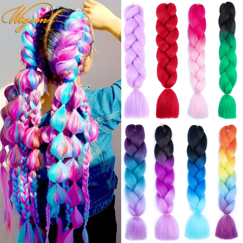 WIGSIN 24Inch Synthetic Jumbo Braids Crochet Hair Pink Purple Ombre Kanekalon Braiding Hair Extensions For Women