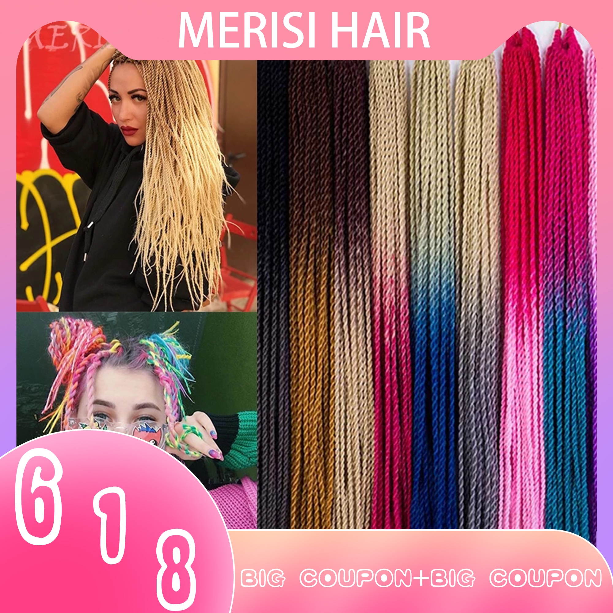 MERISIHAIR Ombre Senegalese Twist Hair Crochet braids 24 inch 30 Roots/pack Synthetic Braiding Hair for Women grey,blue,pink,bro