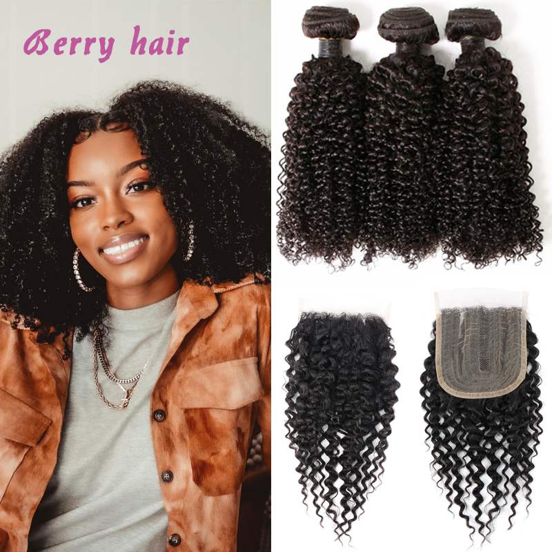 3+1 Kinky Curly Hair Bundles Bliss Toocci Virgin Brazilian Human Hair Extension Weave Deep Curly Hair with Closure for Women