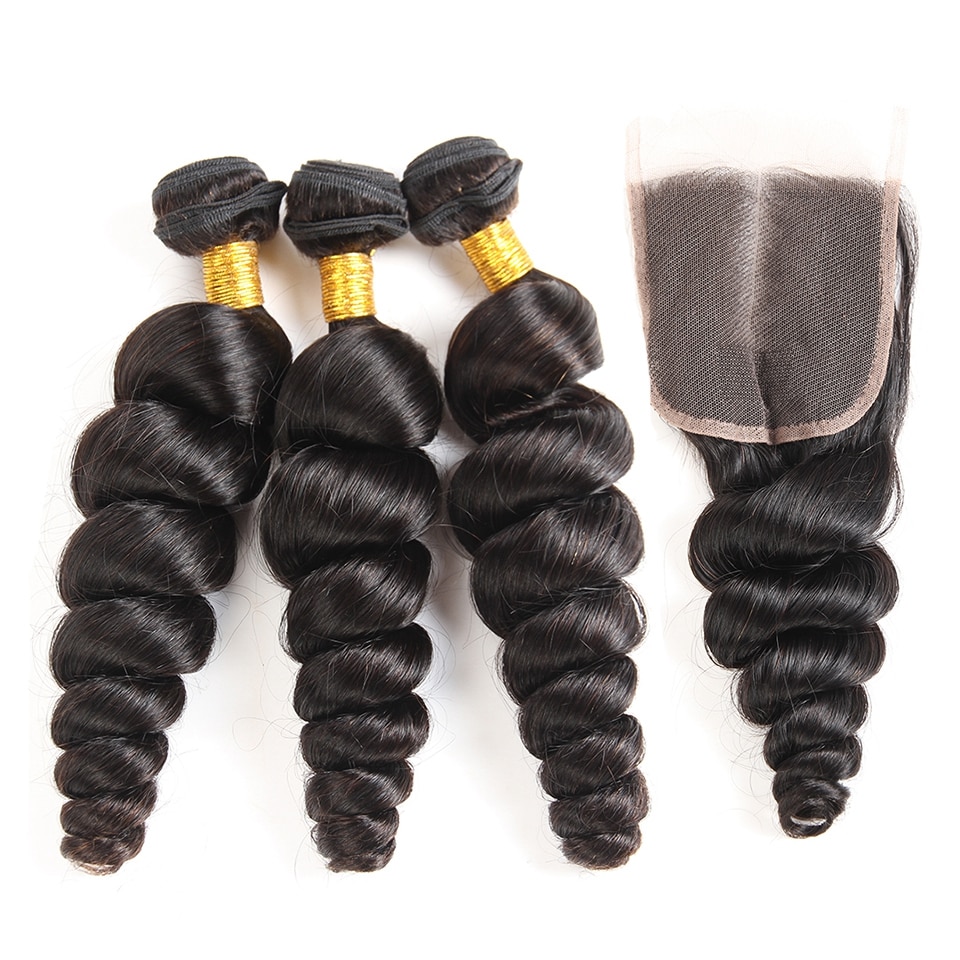 Loose Wave 3 Bundles With Closure Remy Brazilian Human Hair Weave Bundles With Closure 4X4 Lace Closure With Bundles Remy Hair